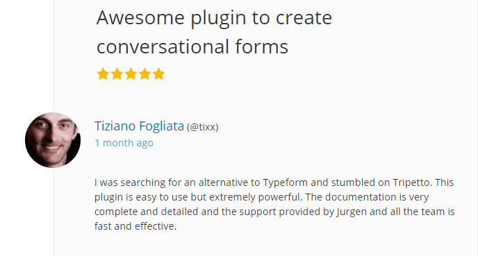 Screenshot of a review from a Tripetto user