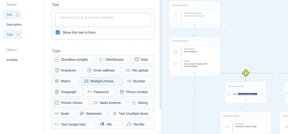 Tripetto’s interface showing a list of field types.