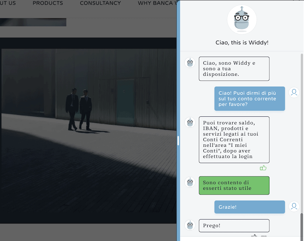 A screenshot of Banca Widiba's chatbot.