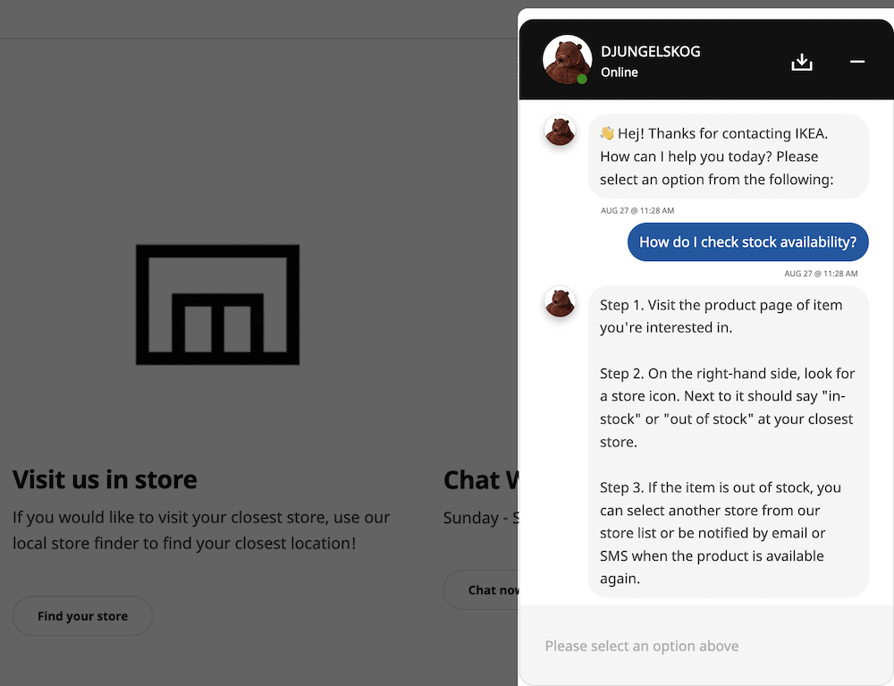 A screenshot of Ikea's chatbot.