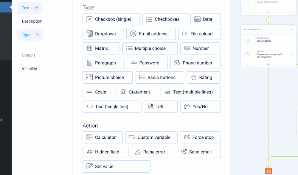 A screenshot of the various form field types within Tripetto’s editor.