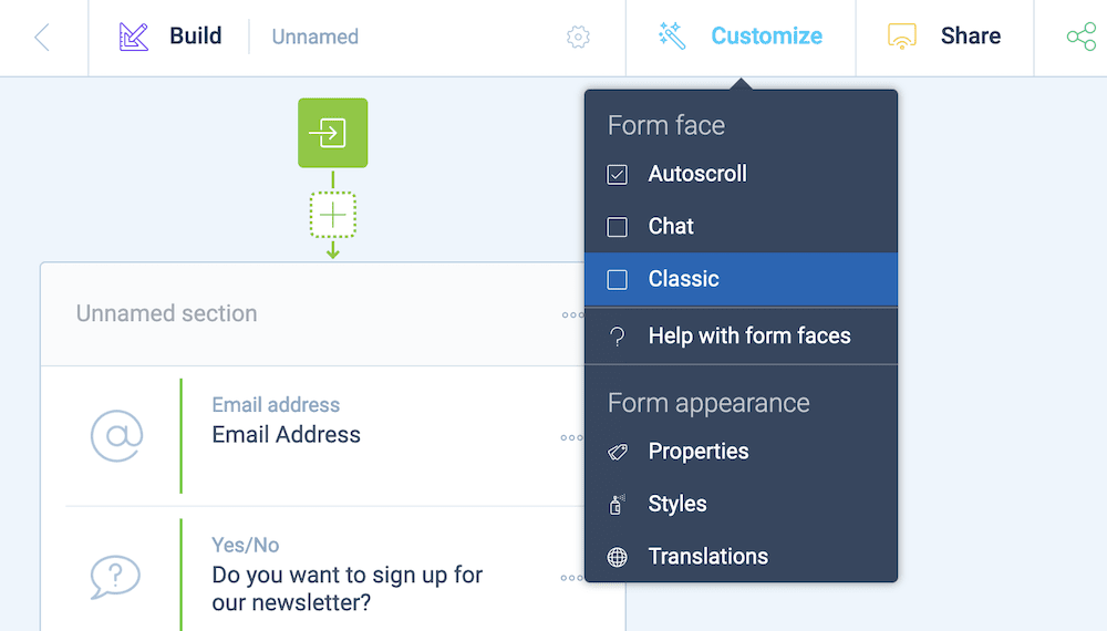 A screenshot of the form builder in Tripetto
