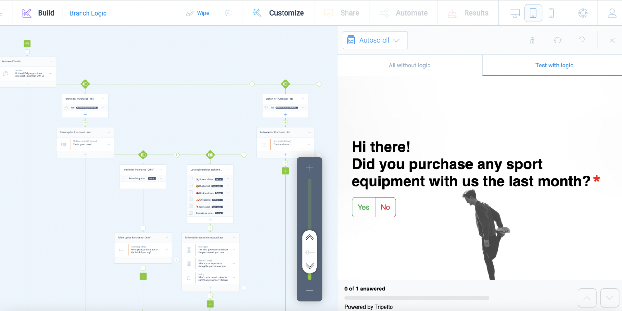 A screenshot of branch logic in Tripetto's form builder.