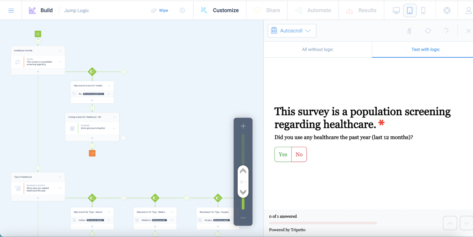 A screenshot of jump logic in Tripetto's form builder.