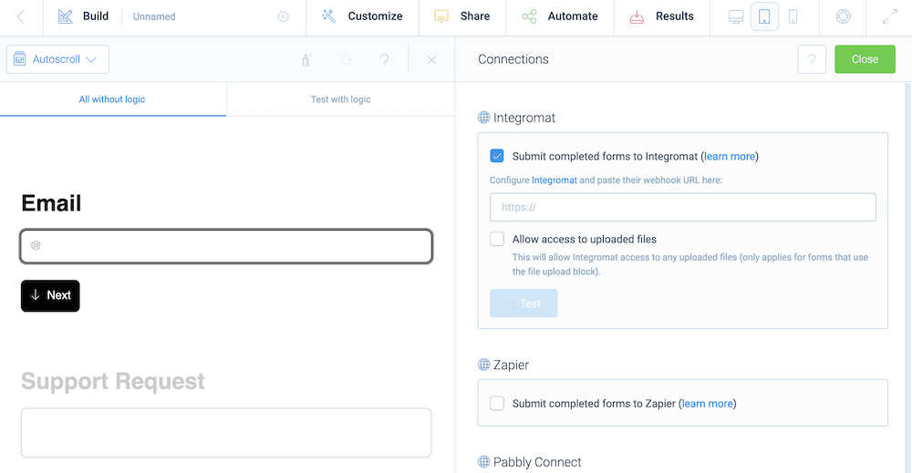 Connecting a support solution through Integromat within Tripetto.