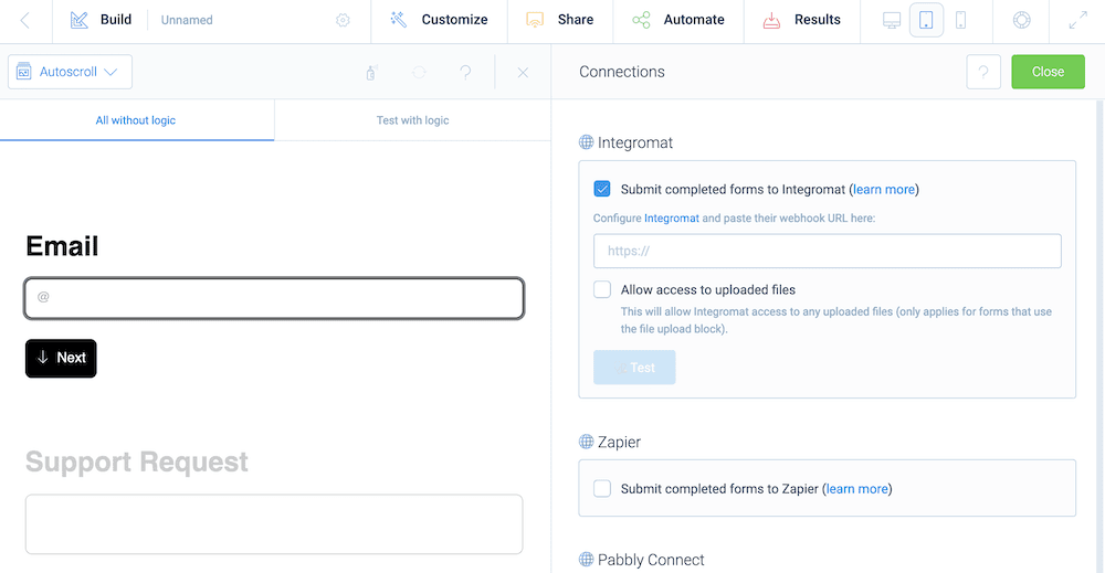 Connecting a support solution through Make within Tripetto.