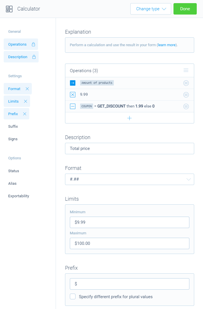 Configure the options of Tripetto's Calculator block to get the total price.