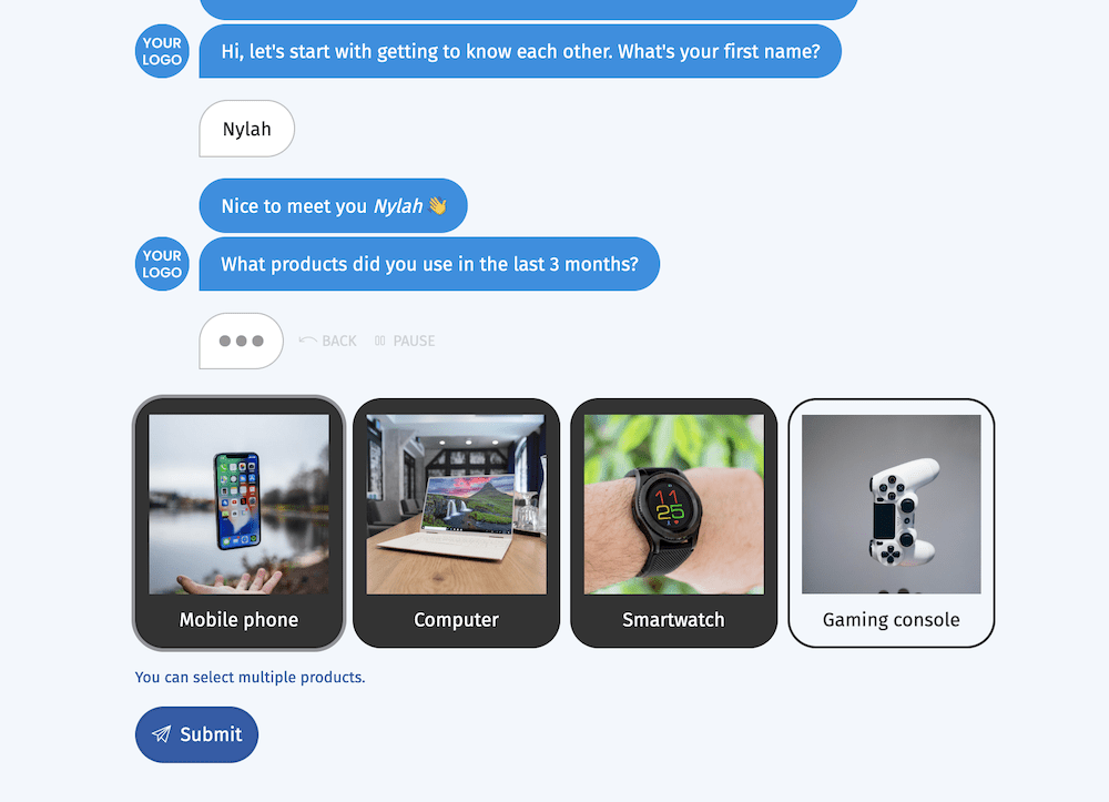 A chat bot asking questions about purchased products.