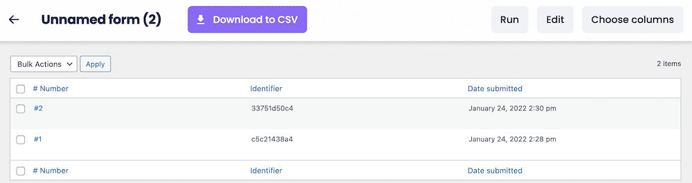 The Results screen to view and download all form submissions.