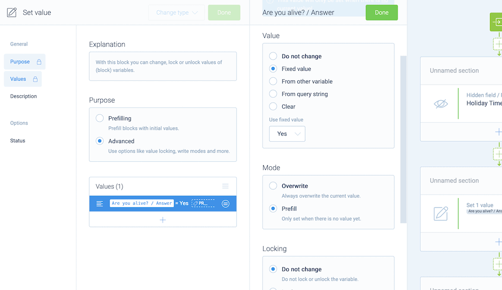 Altering a Set Value Block to prefill an answer with a fixed value.