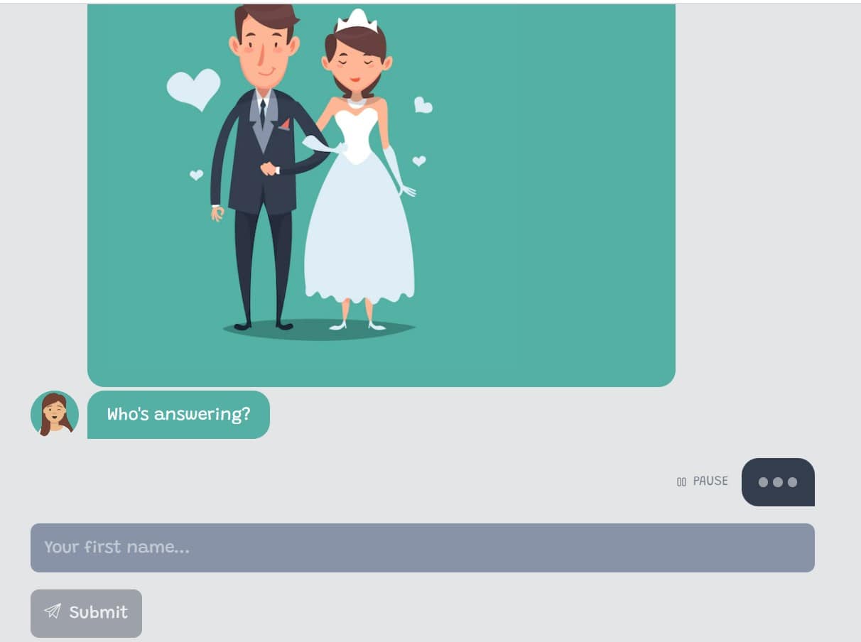 A wedding RSVP form in Tripetto's chat form face.