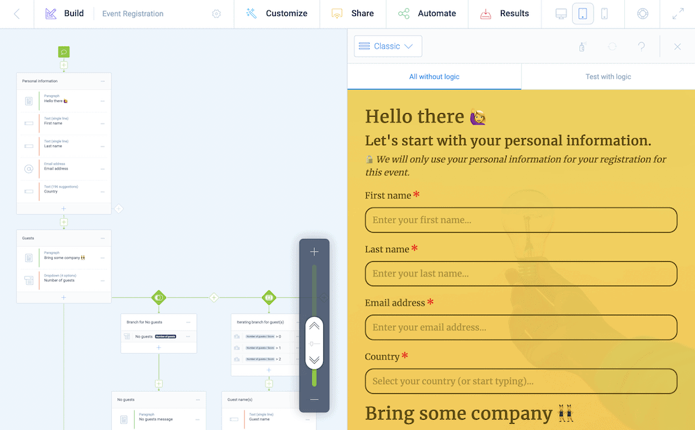 The storyboard for a Tripetto event registration form.