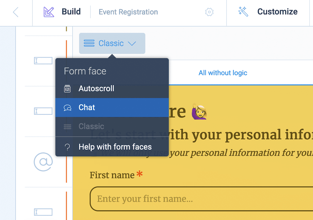 The form face drop-down within Tripetto.