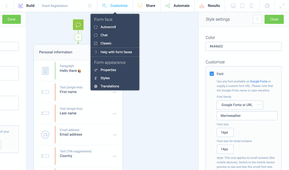 The Form Appearance menu, along with the Styling panel.