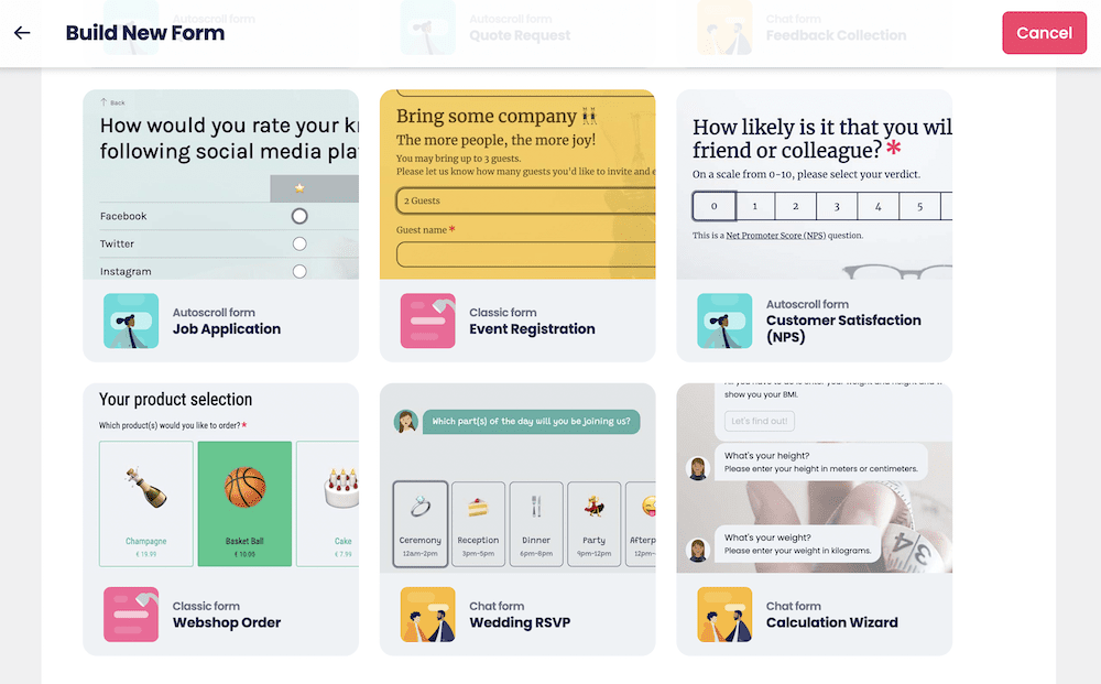 The Build Form page showing a number of templates.