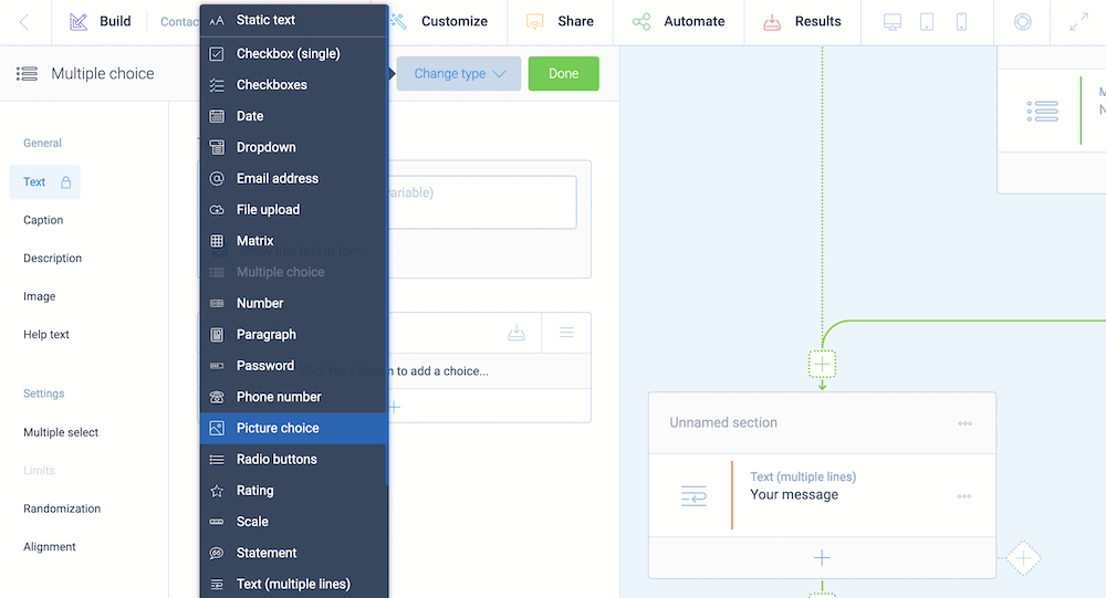 A list of elements you’re able to use within Tripetto, along with a partial display of the storyboard.