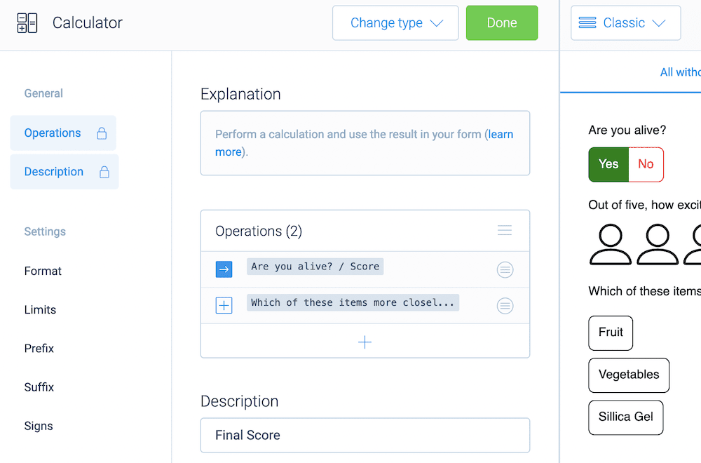 The Calculator Block within Tripetto.