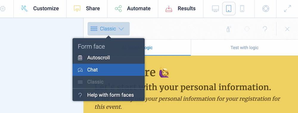 A drop-down menu within Tripetto showing the three different form faces.