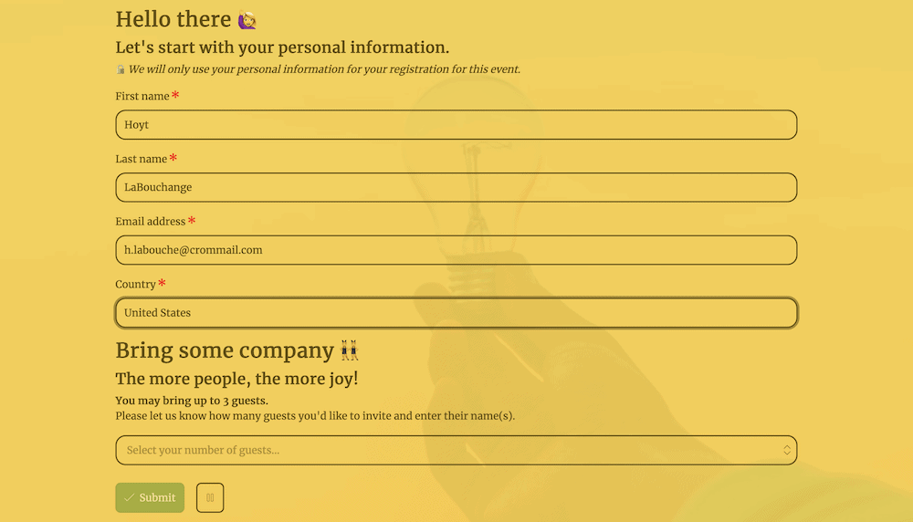 A landing page form, showing personal details filled in, and a question asking to confirm guests.