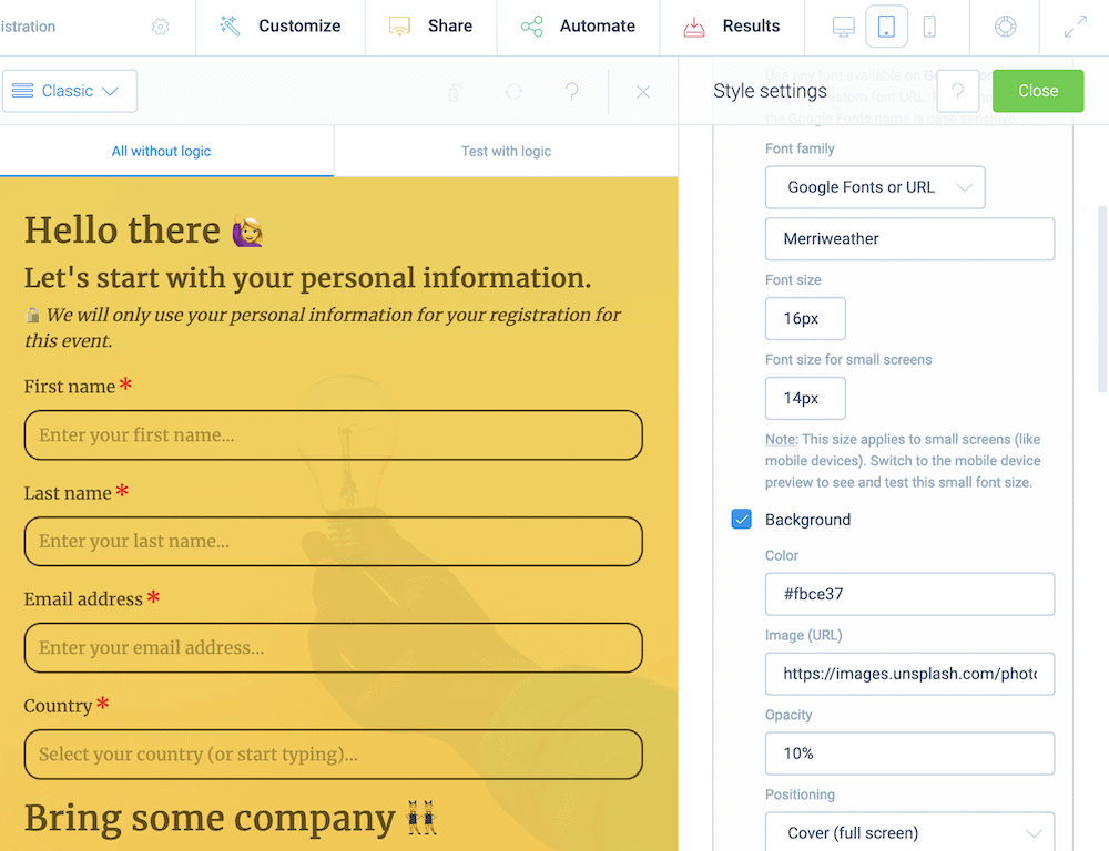Setting options for the design sidebar in Tripetto.