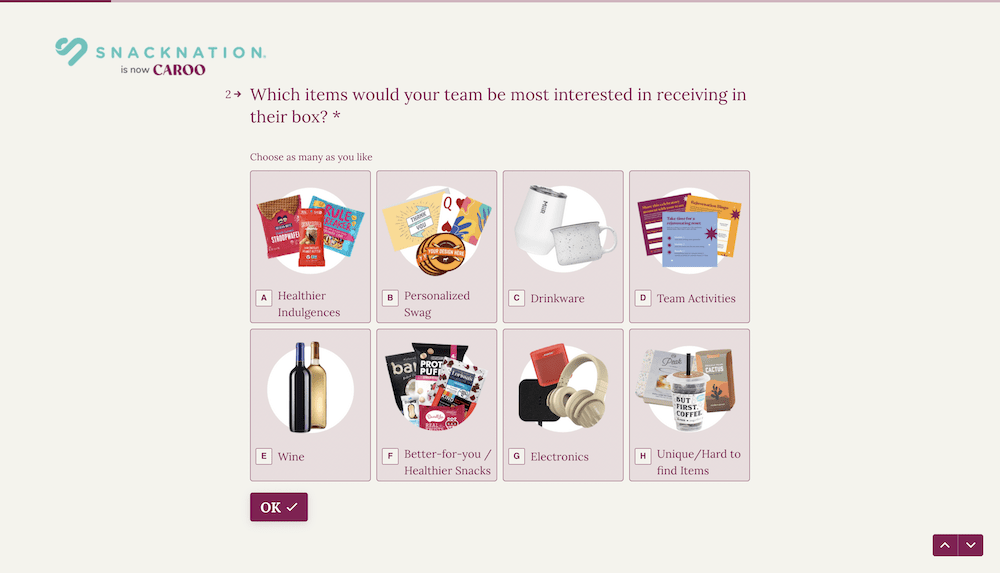 An autoscrolling form on the SnackNation website.