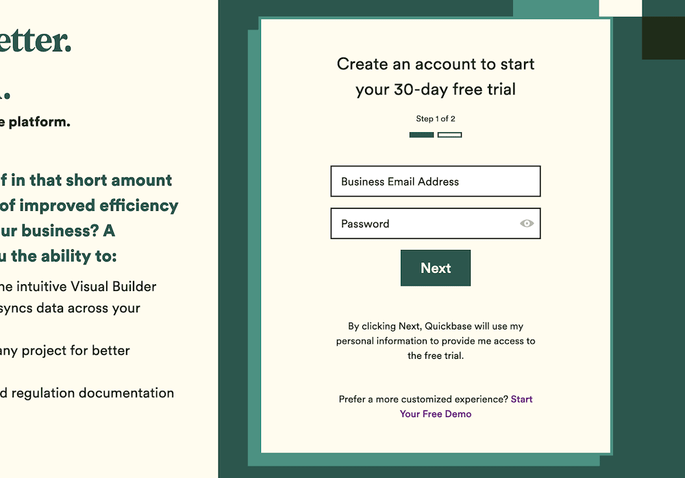 The Quickbase website’s signup form.