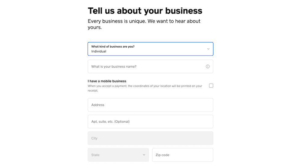 Square’s signup form for individuals.