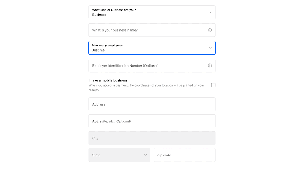 Square’s signup form for businesses.