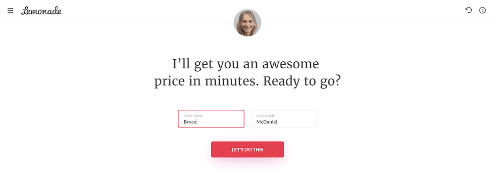 Entering your name into Lemonade’s form.