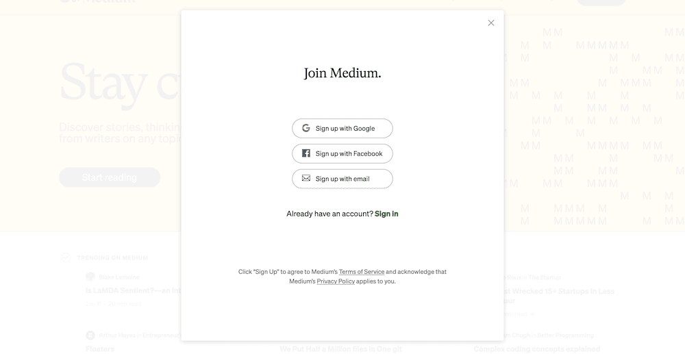 The Medium signup page.