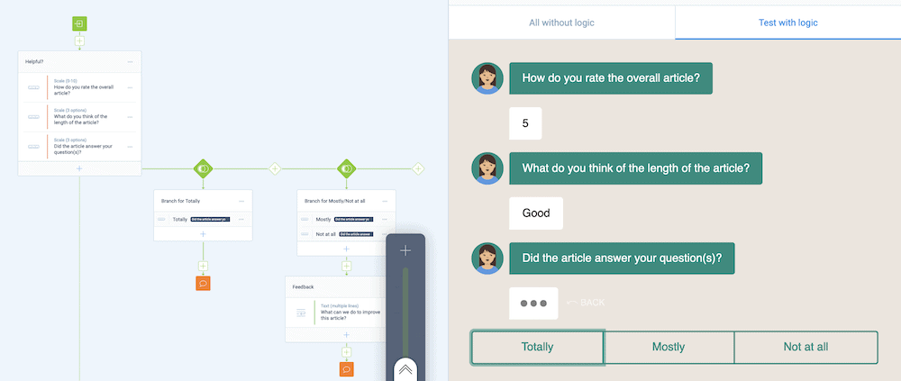 The Tripetto storyboard showing various branches based on the answer to the question within the preview panel.