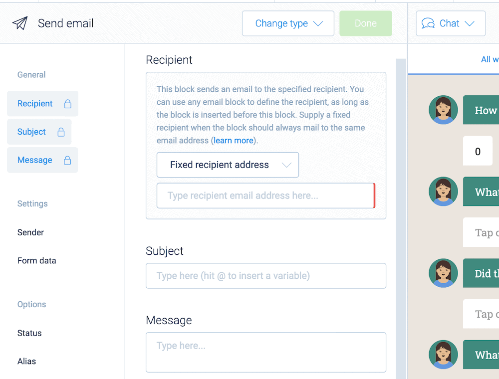 The fields to set up a Send Email Block within Tripetto.