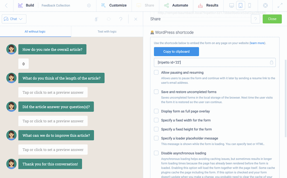 The options for the Tripetto shortcode.