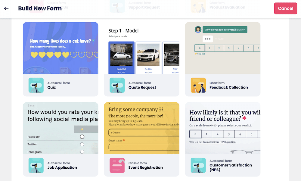 The Tripetto template library that shows a few Likert scale survey variations.