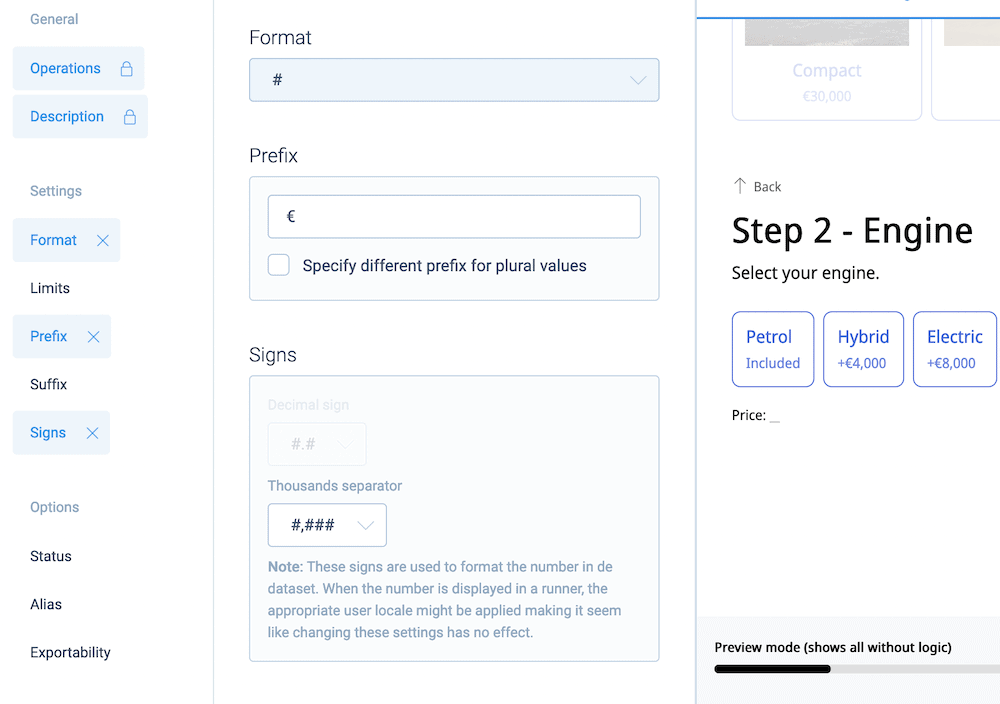 The different options for numbers within a Tripetto Calculator Block.