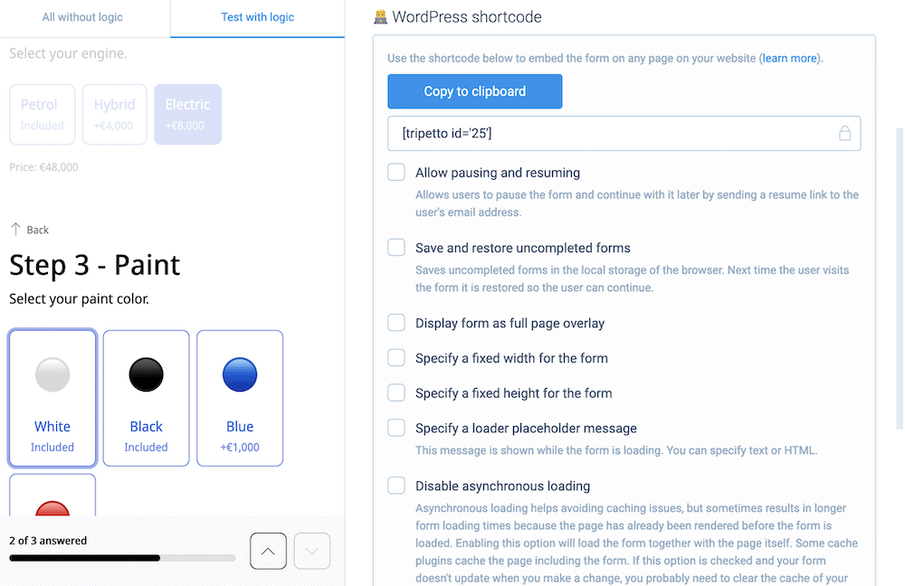 The WordPress shortcode options.