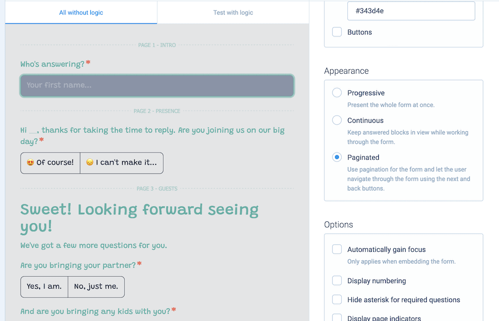 Splitting a form over multiple pages within Tripetto.