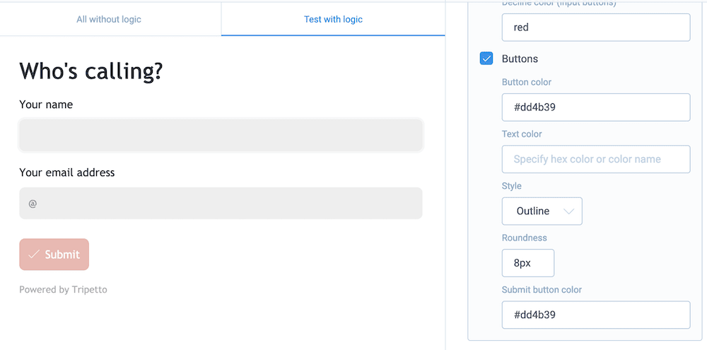 Changing the style of a Submit button in Tripetto.