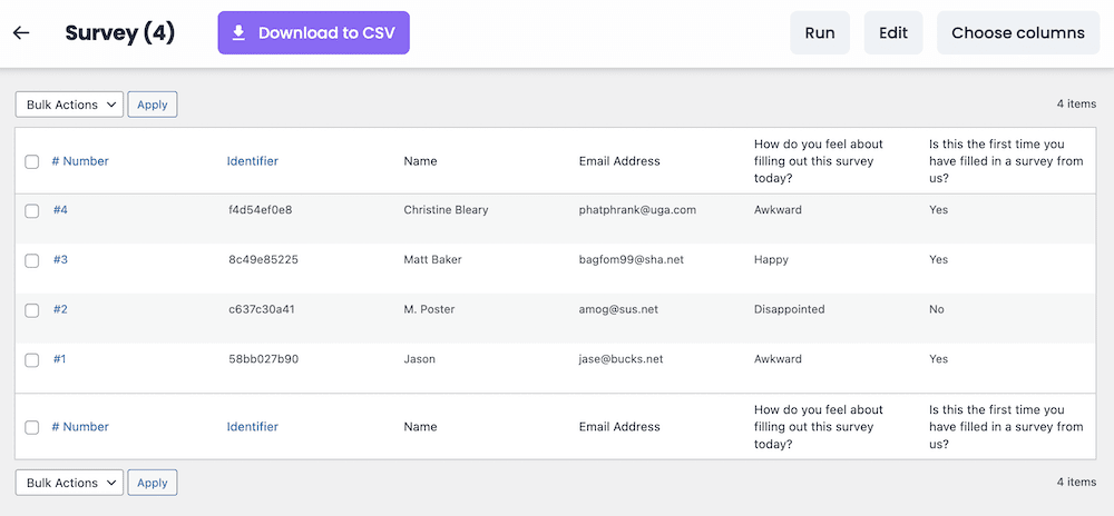 The Tripetto Results screen showing all of the current submissions.