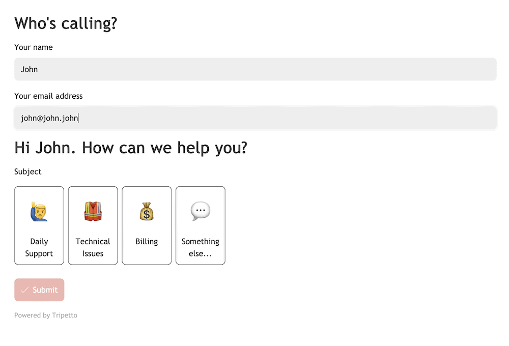 A customer support form within Tripetto.
