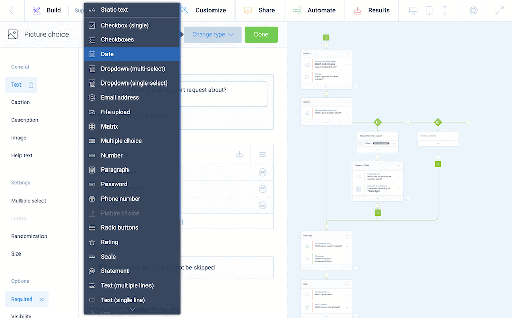 Changing the type of a question in Tripetto.