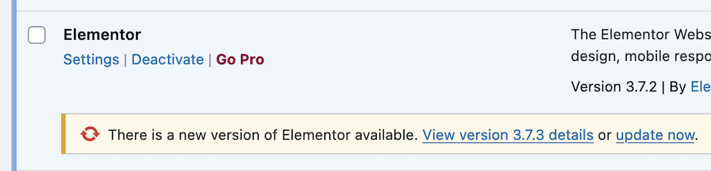 Updating the Elementor plugin within WordPress.