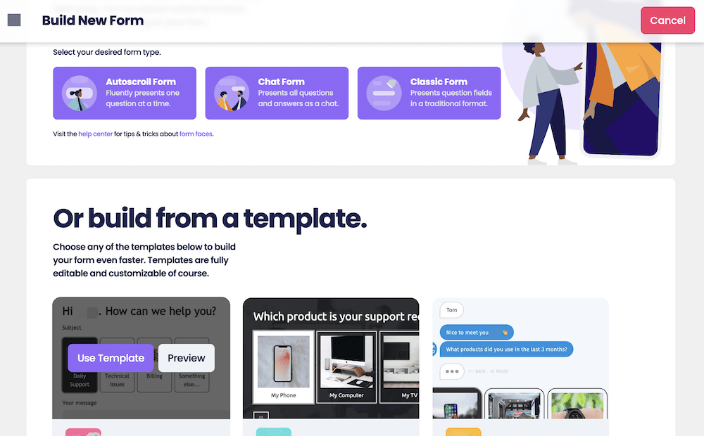 The Tripetto dashboard showing the options to select a form face or template.