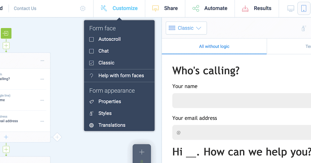 Opening the Customize menu within Tripetto.