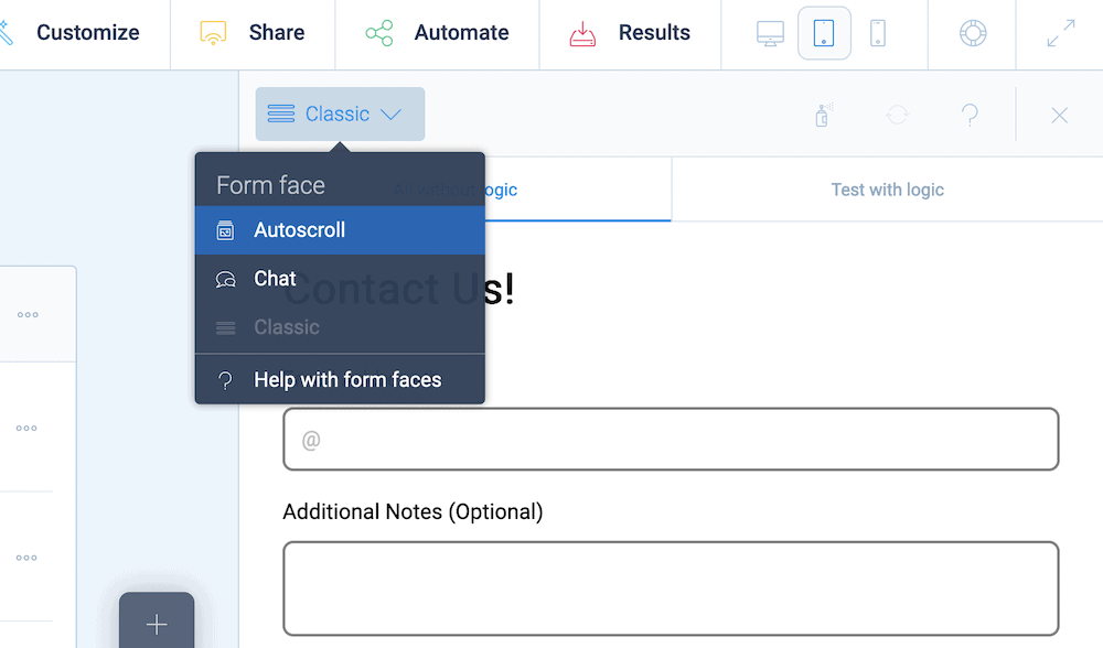 The form face drop-down menu within Tripetto.