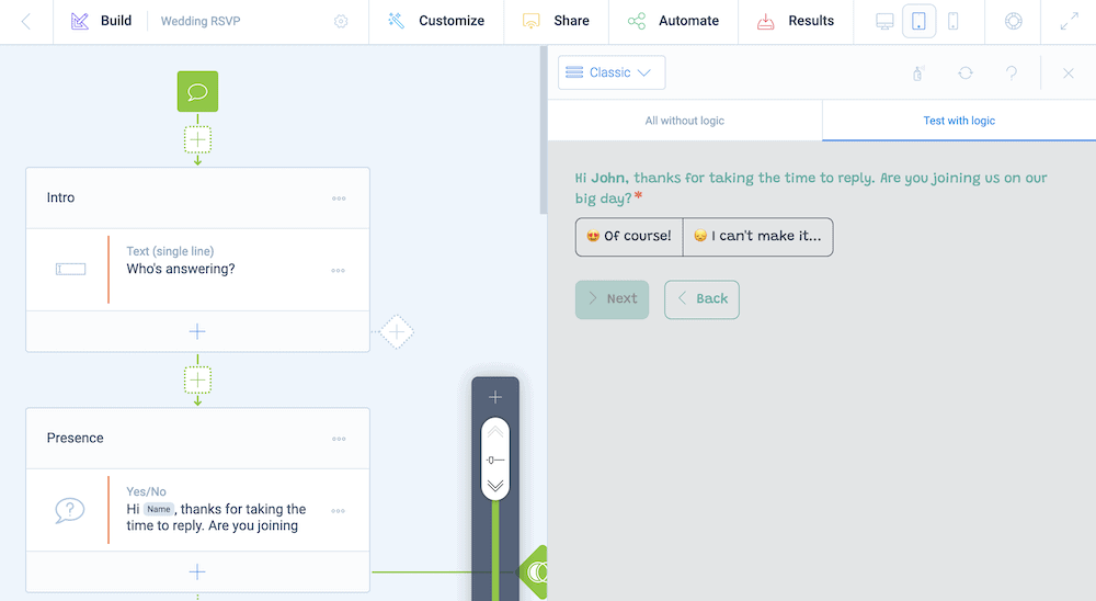 The Tripetto storyboard and live preview, showing a user entering a name, which the next section uses.