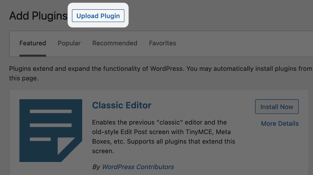 The Upload Plugin button at the top of the WordPress Plugins screen.