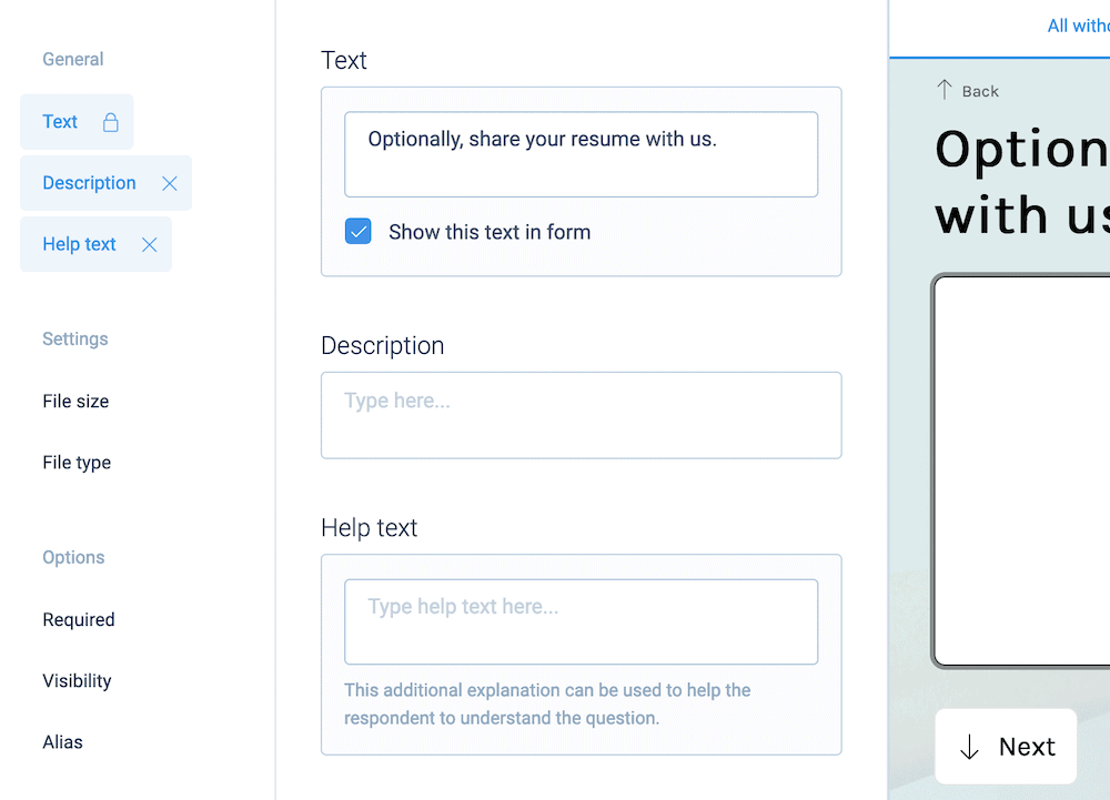 The sidebar options for the File Upload Block.