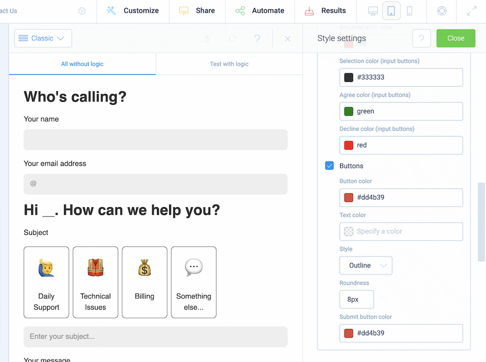 Customizing a form within Tripetto.