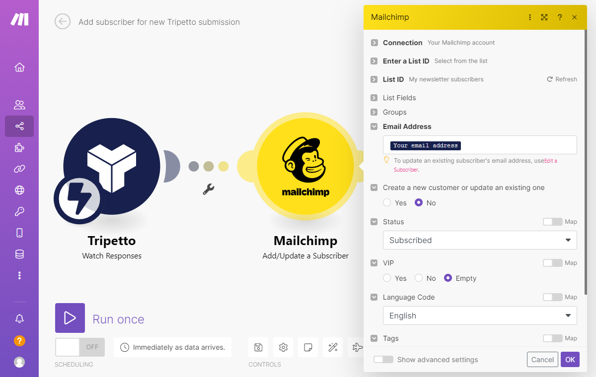 Screenshot of a Make scenario with Tripetto and Mailchimp